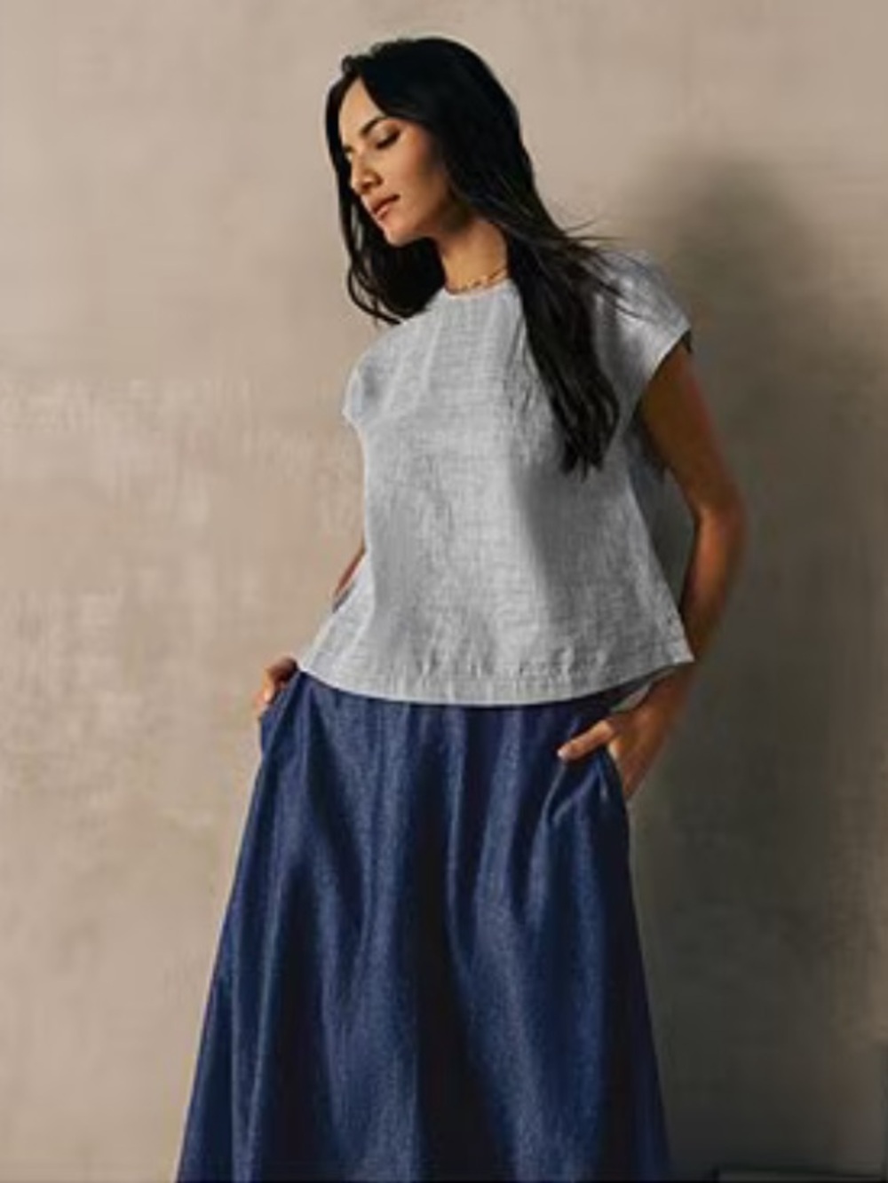 Eileen Fisher Organic Cotton Denim Maxi Full Skirt in Deep Blue Medium - Picture 10 of 11